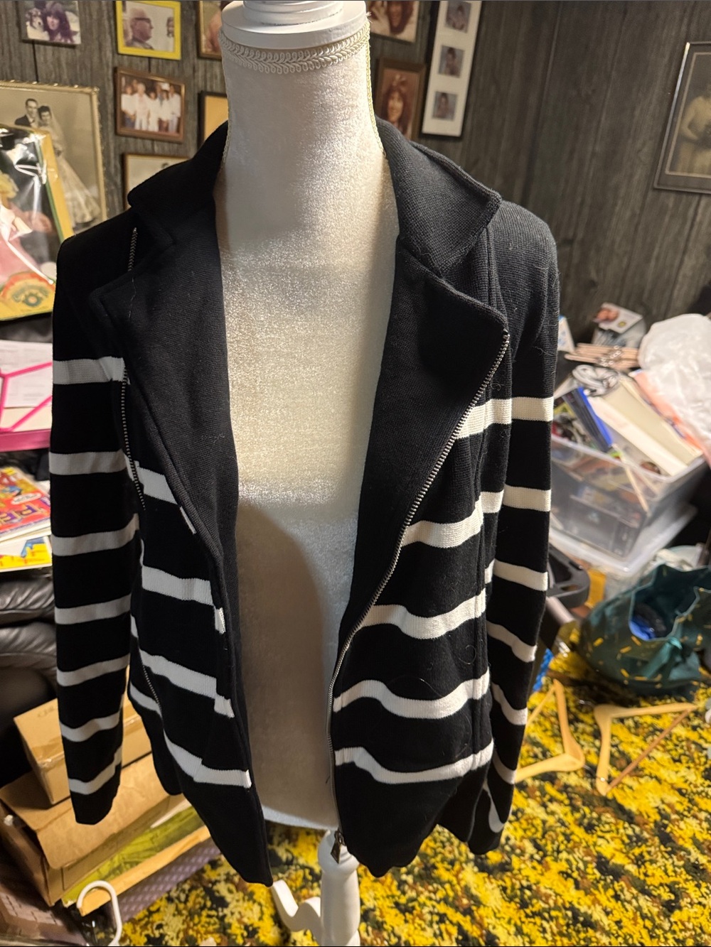 Lauren Ralph Lauren Black and White Striped Zip Cardigan